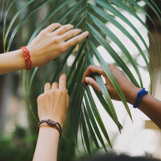 Three hands wearing red, brown, and blue knotted bracelets touch green palm leaves outdoors.